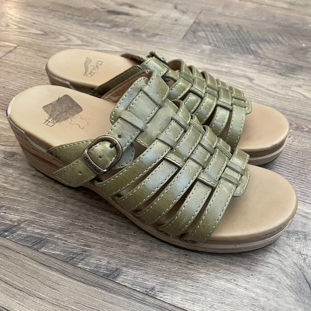 DANSKO Marion Olive Green Leather Strappy Slip On Sandals